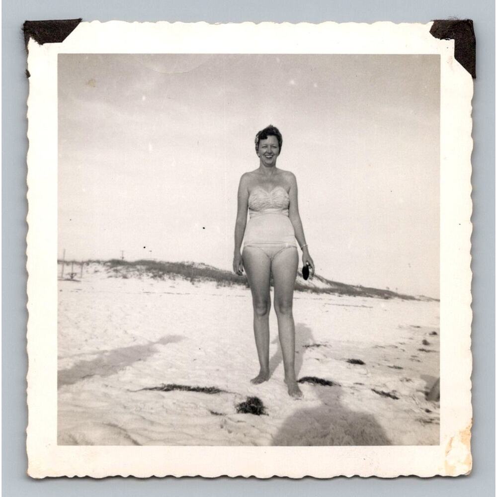 1952 Woman Posing Swimsuit Panama Beach Florida Vacation Snapshot Photograph